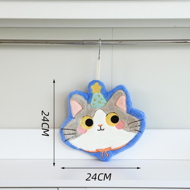 1PCS Cartoon Coral Velvet Hand Towel For Kitchen Kawaii Cat Hand Wipe Cleaning Cloth Bathroom Hanging Towel Absorbent Clean Rag