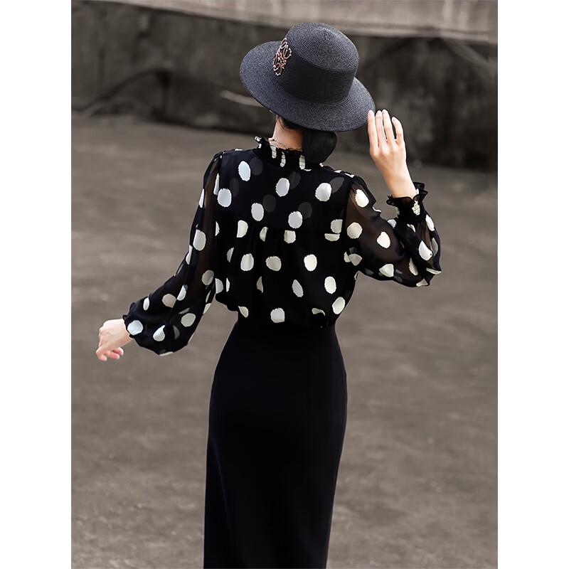 Lansere Women's French Style Polka Dot Ruffle V-Neck Blouse