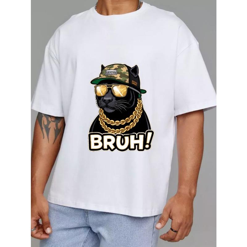 Crewneck T Shirt White Panther with Camo Hat Gold Chains and Sunglasses Bruh Text Streetwear Casual Wear for Men and Women
