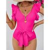 2025 New Sexy Ruffle Soild V-neck One Piece Strappy Slimming Swimwear Women  Swimsuit Deep-V Bathing Suit Beach Wear Monokini