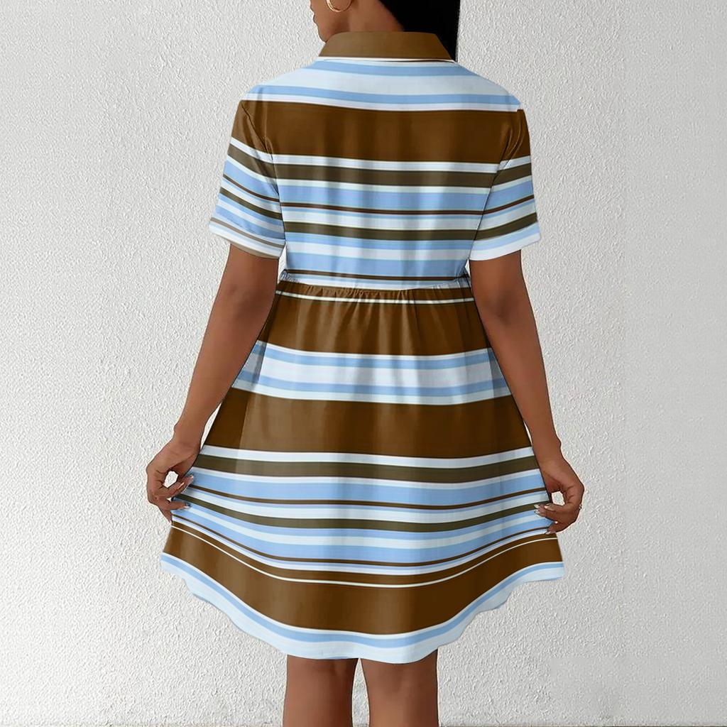 Women Loose Fit Casual Shirt Dress with Button Front and Stand Collar Short Sleeve Striped Design for Everyday Wear