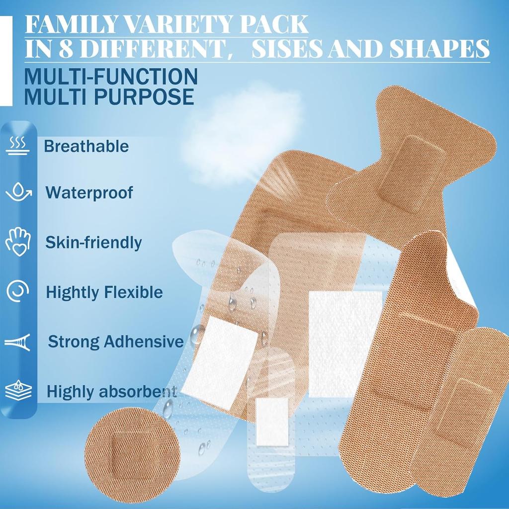 Geiserailie 300 Pcs Adhesive Bandages Family Variety Pack Fabric and Waterproof Assorted Bandages Bulk Sterile Individually Wrapped Bandages for