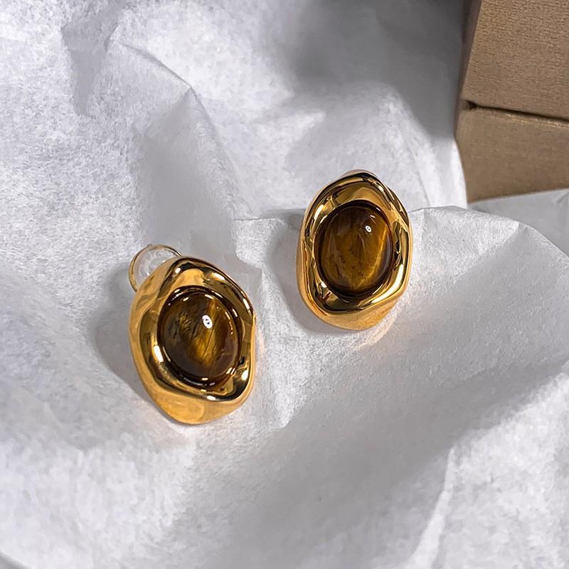 Tiger's eye geometric round earrings Maillard style stud earrings niche design earrings