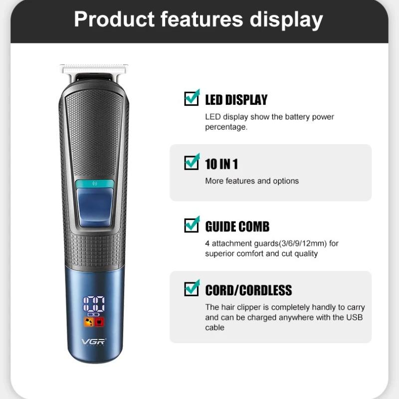 Original VGR 108 Multi-functional Hair Clipper 5-in-1 Rechargeable Shaving Nose Sideburns Electric Trimmer for Men Electric Digital Display LED Shaver