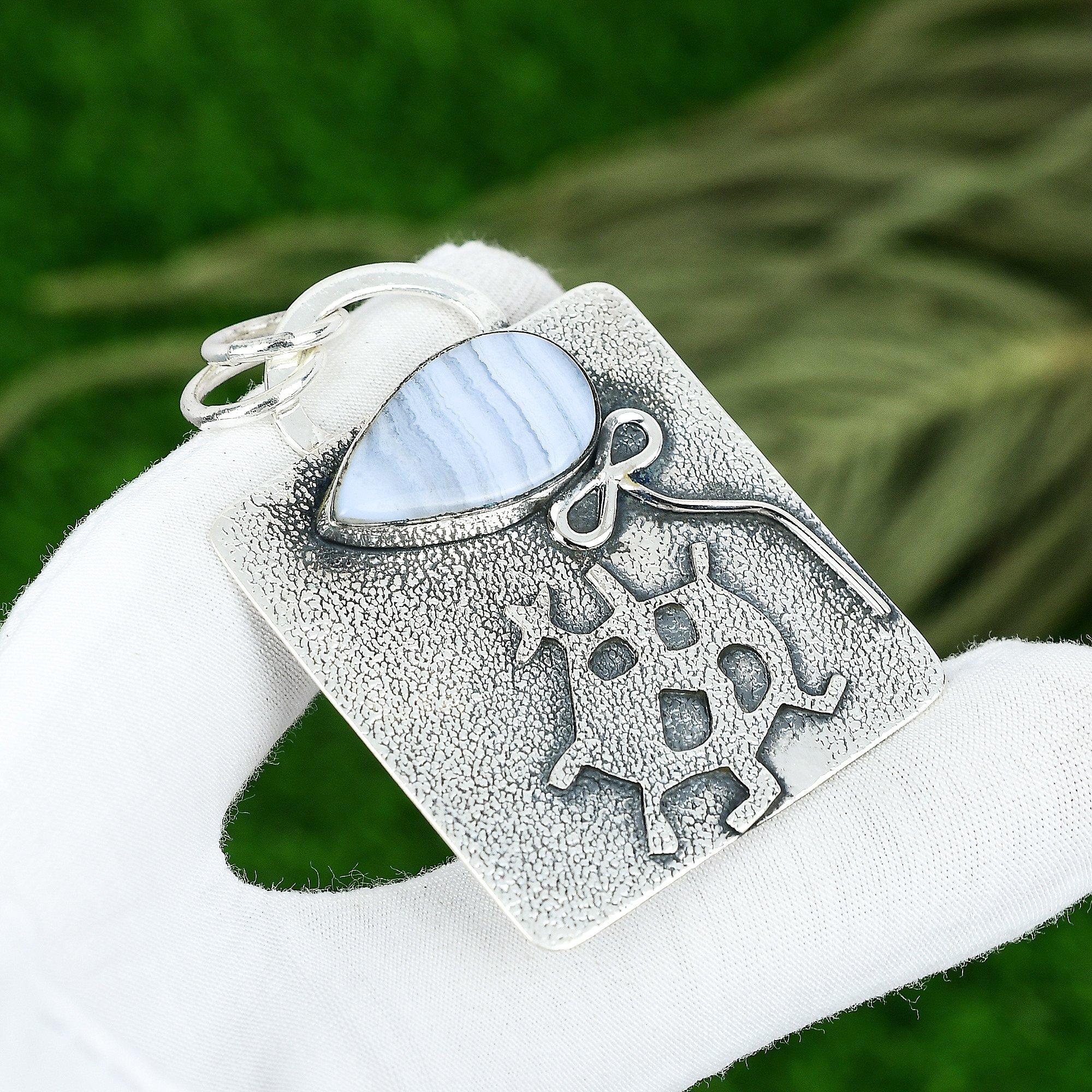 

Sisters Day Deal 925 Silver Blue Lace Agate Gemstone Anniversary Pendant Jewelry