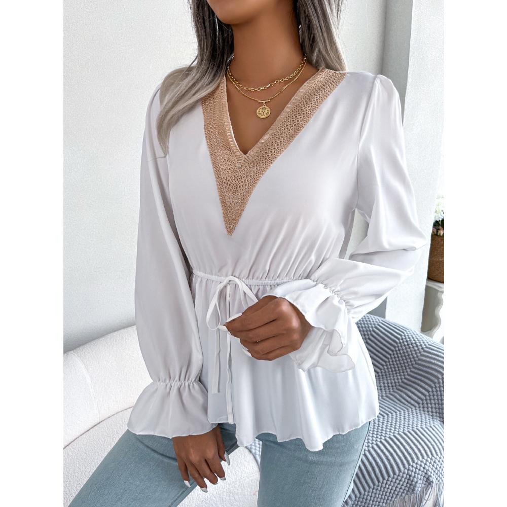 Frühling und Herbst Damen Chiffon-Hemd, langärmelig, lässig, V-Ausschnitt, Spitze, Schnürung, Taille, Rüschen, Chiffon-Hemd, Tops