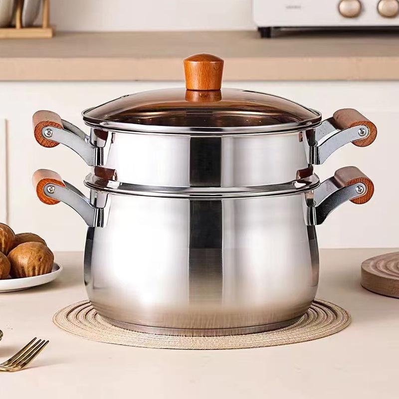 Beech Wood Handle Cookware Set: 5PC Stainless Steel Pot Set with Milk Pot, Double-Ear Soup Steamer, and Gift-Ready Packaging.