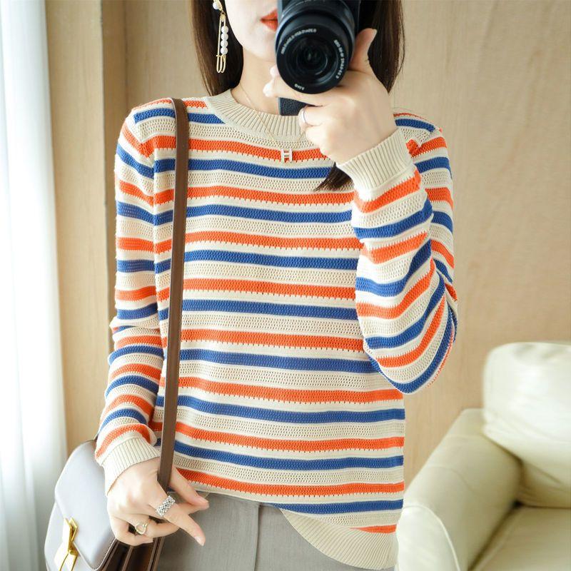 

Простота Осенние Свитера Новые Женские С круглым вырезом Полосатые Ажурные Контрастного цвета Модные Свободные Пуловеры с длинным рукавом Вязаные Топы XXL оранжевый