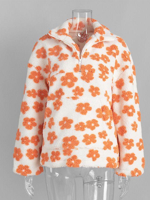 Худи на флисовой подкладке для осенизимы с цветочным узором стильный женский топ L оранжевый 2790₽