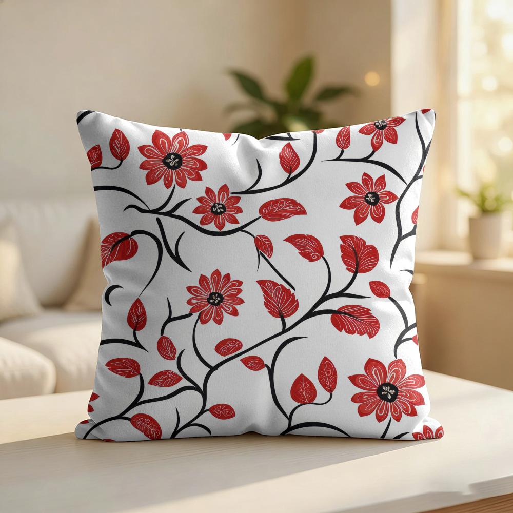 Red Floral Pattern Cushion Cover Silky Short Plush Invisible Zipper Dustproof Sofa Pillow Case For Home Decor