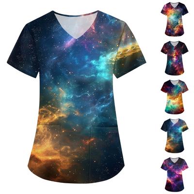 Women's  Sky Print Loose V-neck Pocket Short-sleeved Uniform  Uniform
