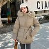 Large Fur Collar Belt Down Cotton Jacket for Women Winter Waist Belt Slimming Thick Sweet Coat