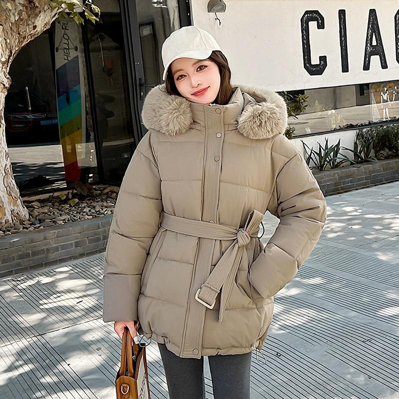 Large Fur Collar Belt Down Cotton Jacket for Women Winter Waist Belt Slimming Thick Sweet Coat