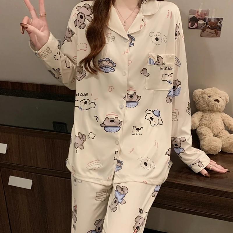 Harajuku Cute Happy Puppy Women Pajamas Fashion Cartoon Print Sleepwear  Milk Silk Cartoon Print Lounges