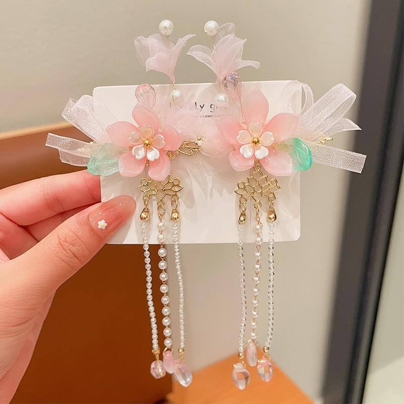 Mid-Autumn Hanfu Fairy Hair Clip - Women's & Children's Ancient Style Floral Tassel, Sweet Accessory for Girls