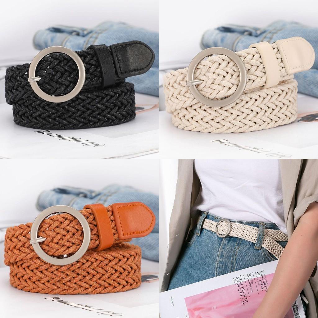 Stylish Women's Woven Waist Belt With Round Buckle Versatile Decorative Fashion Accessory