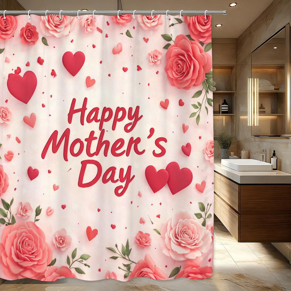 Happy Mother'S Day Themed Polyester Shower Curtain - Floral & Heart Printed Bathroom Decorative Curtain