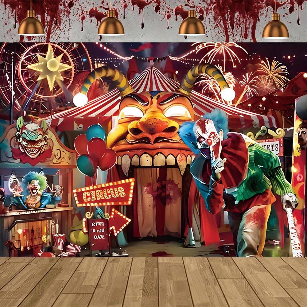 Una ruota panoramica di Carnevale e uno sfondo in poliestere con clown una terrificante scena circense perfetta per le feste di Halloween