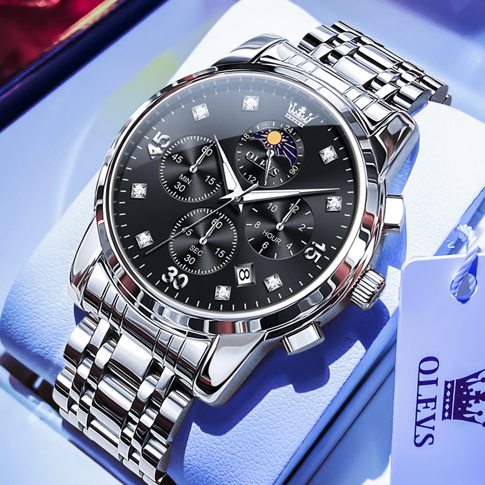 OLEVS Golden Steel Chronograph Moon Phase Mens Watches Top Brand Luxury Quartz Wrist Watches For Men Relogio Masculino