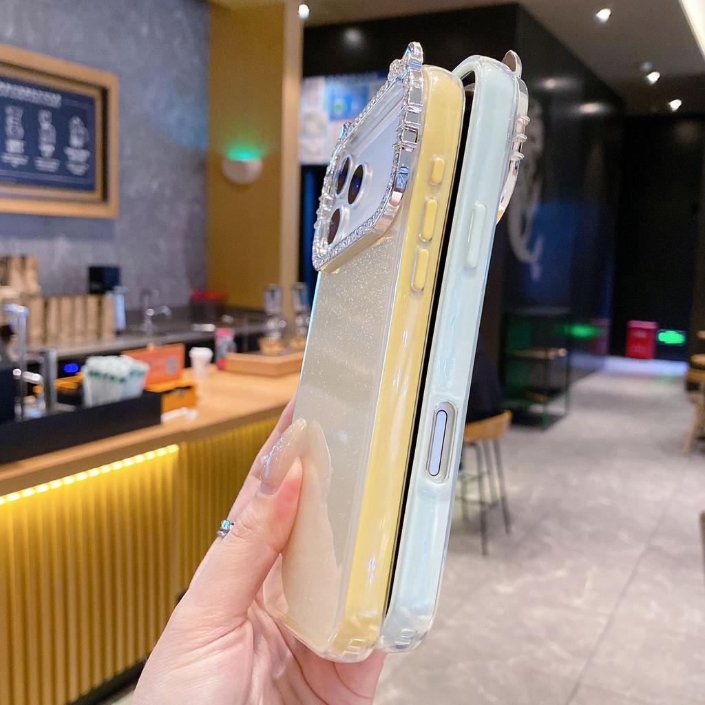 Korean and Japanese Style Solid Color Glitter Case Compatible with iPhone 16 Pro Max Phone Case Apple 17 Rhinestone Lens Case 14/15
