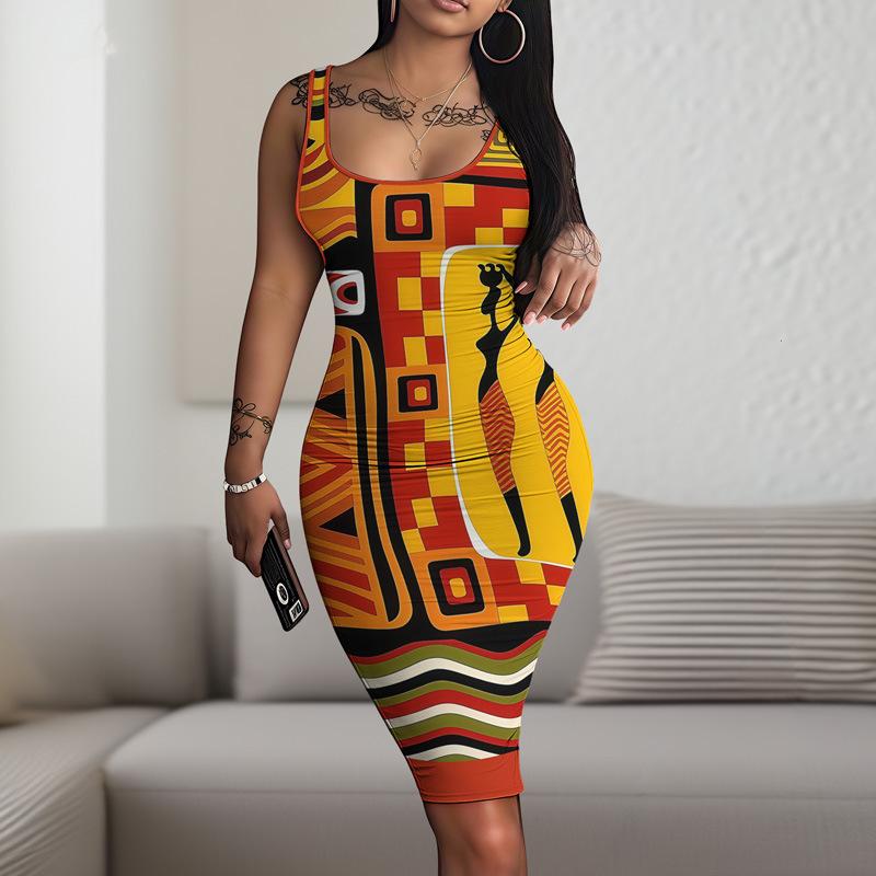 Neuer Retro-Casual-D-Digitaldruck Rundhals Ärmellos Hüftrock WQ