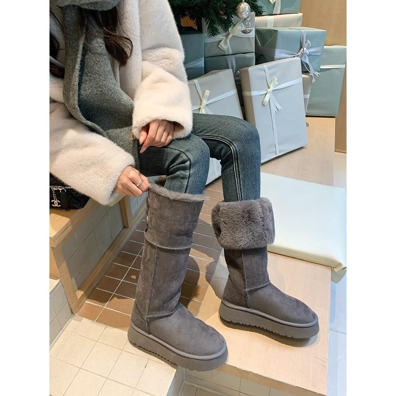 Snow Boots Women's Gray Thick-soled Winter Warm Medium Tube Velvet Shoes Two Wear Cotton Shoes