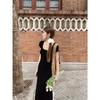 Black backless split dress women's summer new temperament slim and thin short-sleeved long dress French high-end feeling