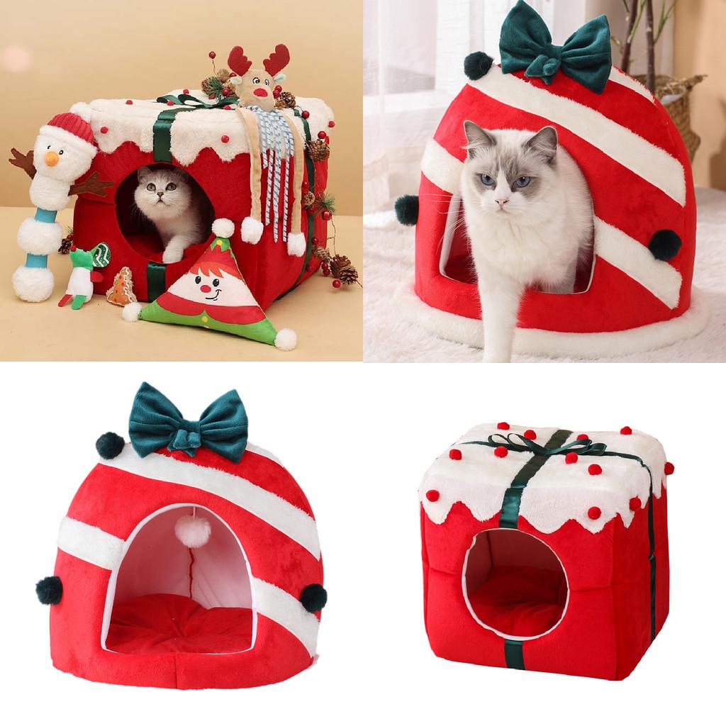 Theme Christmas Pet Cat Dog Bed Puppy Kitten Cozy Sleeping Nest Plush Cave House
