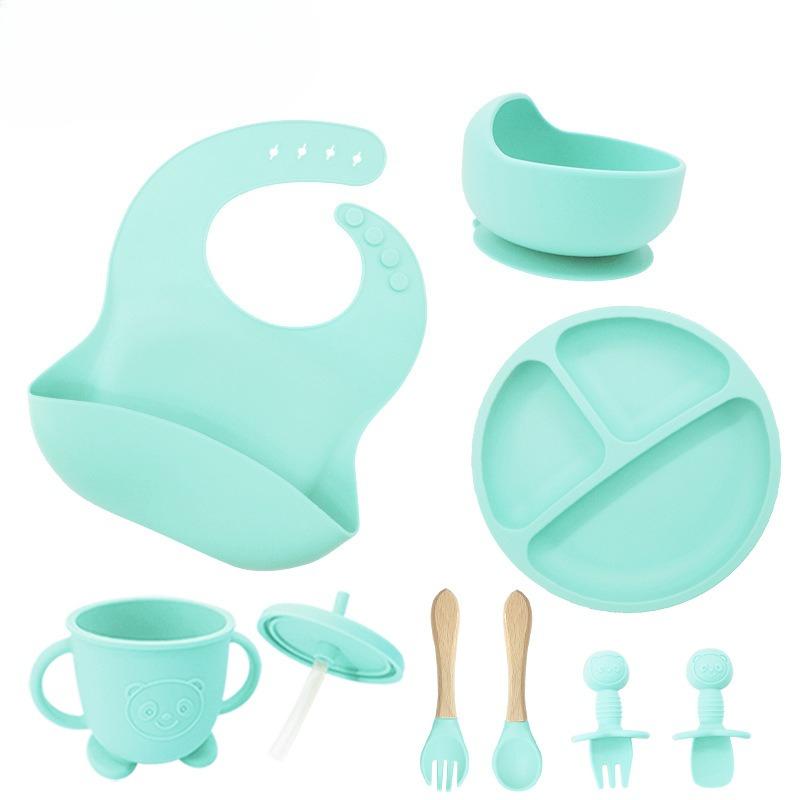 Children's silicone feeding tableware set, with suction cups on the bottom, 8 pieces