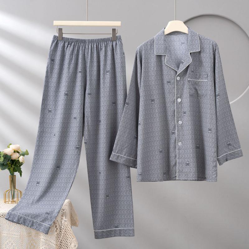 Men's Cotton Silk Long Sleeve Pajama Set, Plus Size, Cardigan, Wear Outdoors, Internet Trend, Pure Cotton, Simple & Comfortable Homewear