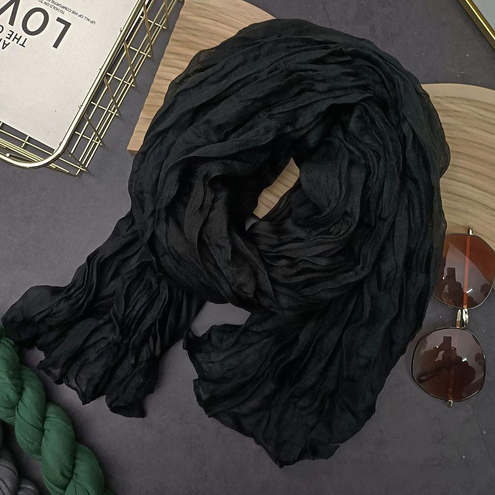 Winter Women Cotton Scarf Solid Color Pleated Long Scarf Vintage Unisex Scarf Warm Neck Warmer Retro Inspired Scarves 180x90cm