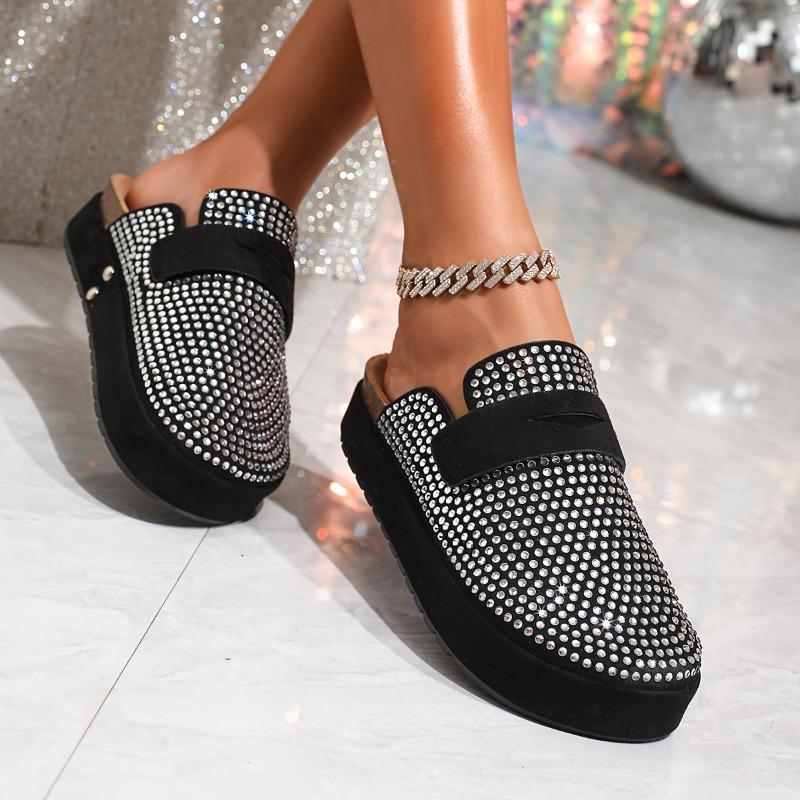 Women's Rhinestone-Embellished Slip-On Mule Sandals - 4cm Thick Cushioned Beach Slippers with Sparkling Rhinestone Strap, Round Toe & Soft Rubber Sole