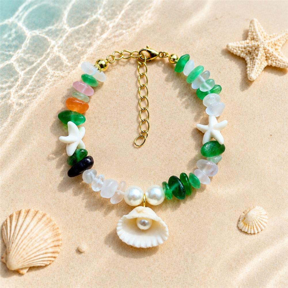 Holiday Charm FemaleBohemian Multicolor Crystal Starfish Shell Pearl Adjustable Bracelet Gold Color Wedding Jewelry For Women