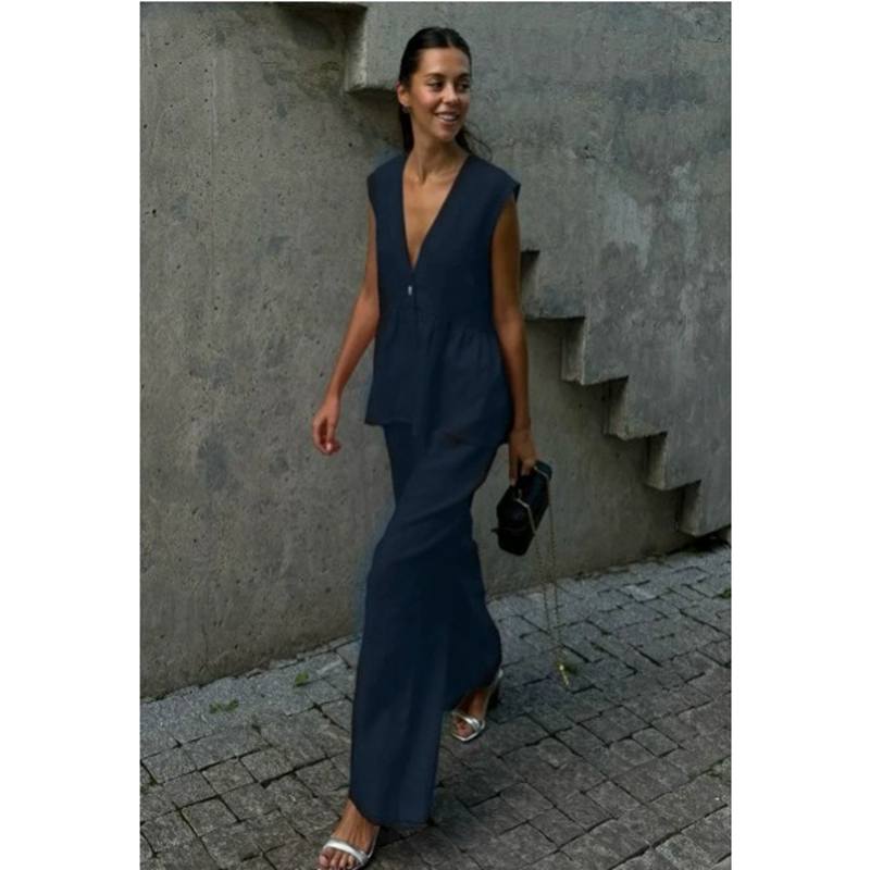 Sommer Chic Damen Set Einfarbig Baumwolle Leinen Zweiteiler Mode Rüschen Ärmelloses Tanktop Mit Weiten Hosen Outfit Weiblich S navy blau