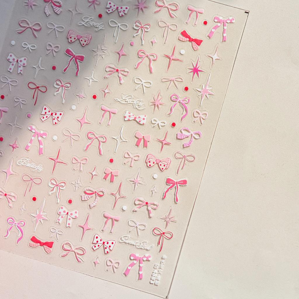 Shiny Red Bowknot Bow Tie Silk Ribbon Butterfly 5D Nail Art Sticker Pearl Rhinestones Self Adhesive Decoration Manicure Decal