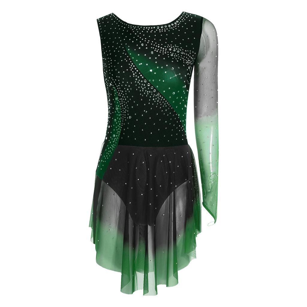 Damen Gradient Leotard Kleid Langarm Ärmellos Strasssteine Unregelmäßiger Netzsaum Eiskunstlauf Ballett Body