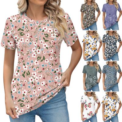 Women's Round Neck Short Sleeved Pleated Small Floral Print Short Sleeved Top