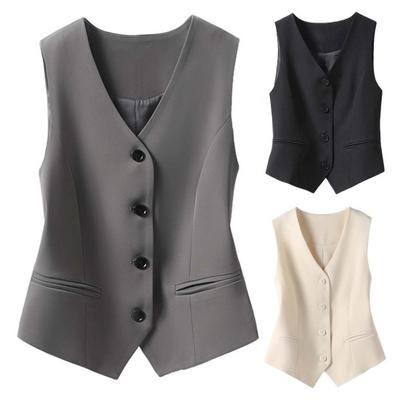 Damen Weste Ärmellos Einreihig Western Style Slim Fit Cardigan Anzug Mantel Reine Farbe V-Ausschnitt Formal