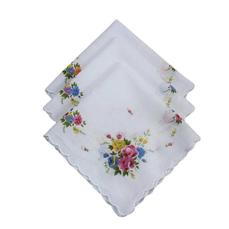 3pcs/set With Wavy Edge Embroidered Flowers Print With Lace Handkerchiefs for Wedding Gift Cotton Kerchiefs Pocket Hankies