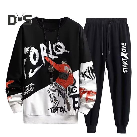 

2 шт./комплект мужской спортивной одежды с круглым вырезом и длинным рукавом, молодежный свитшот с принтом, эластичный пояс на шнурке, спортивные брюки, комплект повседневной одежды для активного отдыха M чёрный
