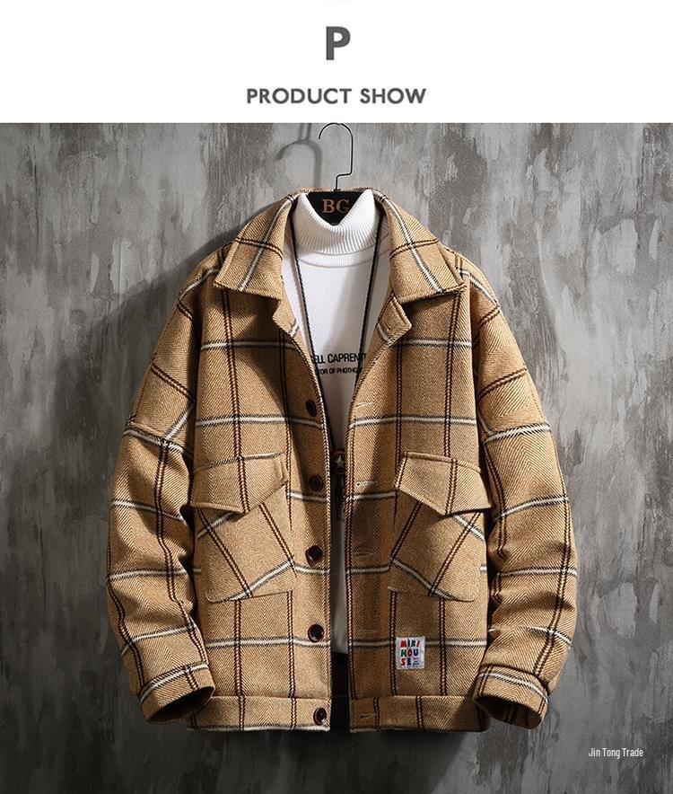 Men's Korean Plaid Woolen Coat - Autumn/Winter Casual British Lapel Windbreaker