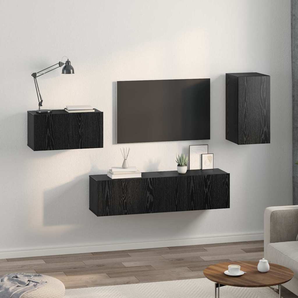 TV Cabinet Set with Drawers Black Oak Look Particleboard