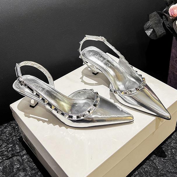 

Женские туфли-лодочки 2025 весна новая мода острый носок открытый верх мягкая подошва телесный высокий каблук не устают ноги красивые босоножки 39 серебряный