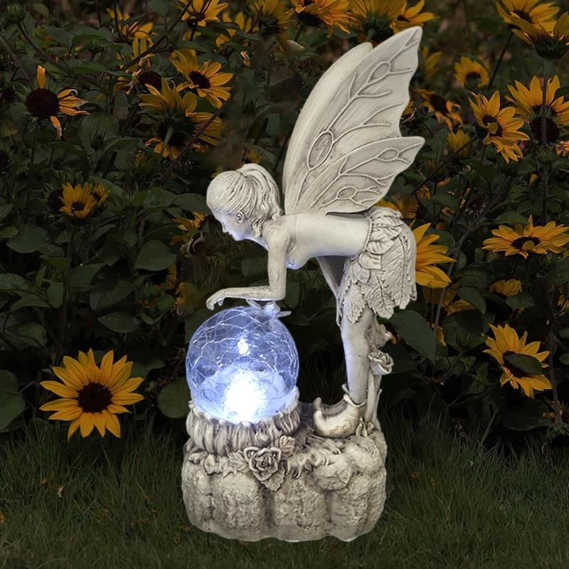 Angel Garden Figurine Outdoor Garden Statue Fairy Garden Figurine with LED Solar Light for Garden Lawn Yard Decoration