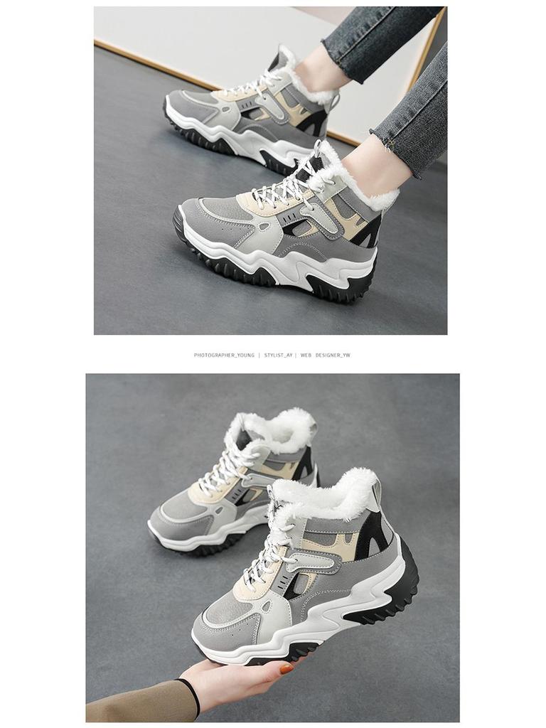 Women's 2025 Autumn White High-Top Dad Sneakers: Plus Velvet, Thick Sole, Versatile Casual Sports Shoes.