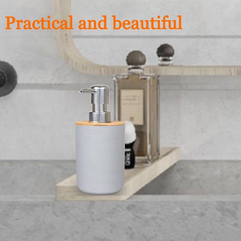 MissFox Set 6 Pezzi Accessori Bagno In Bambù – Dispenser Sapone, Cestino, Portaspazzolino, Scopino E Portasapone – Grigio - 2