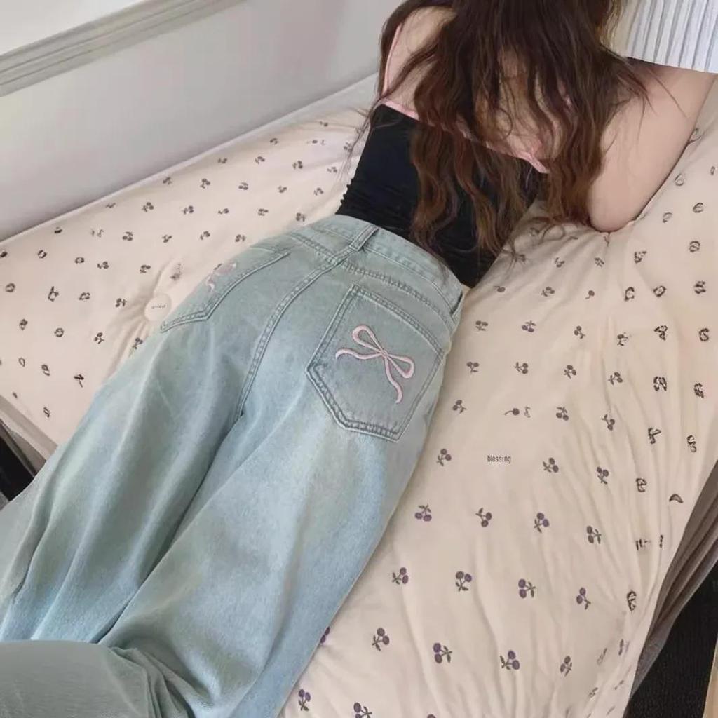 2024 Autumn High Waist Butterfly Embroidered Wide-Leg Jeans for Women