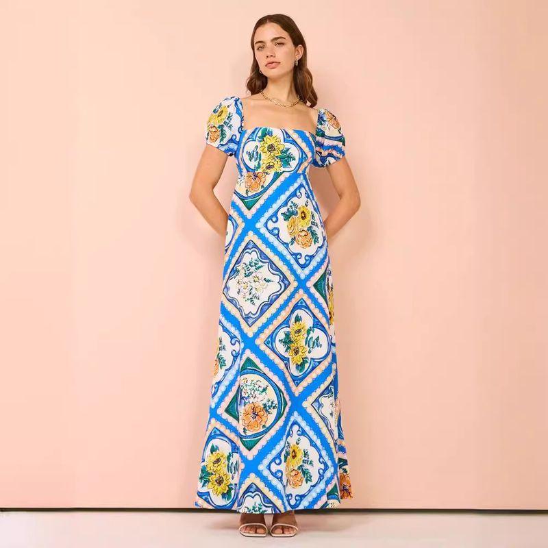 

Fashion 2024 New Print Puff Sleeves Fabric off-Shoulder Long Dress Blue S