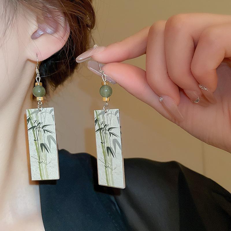 "Silver Needle Bamboo Fan Earrings: Butterfly Drop, Retro Fashion for Women"