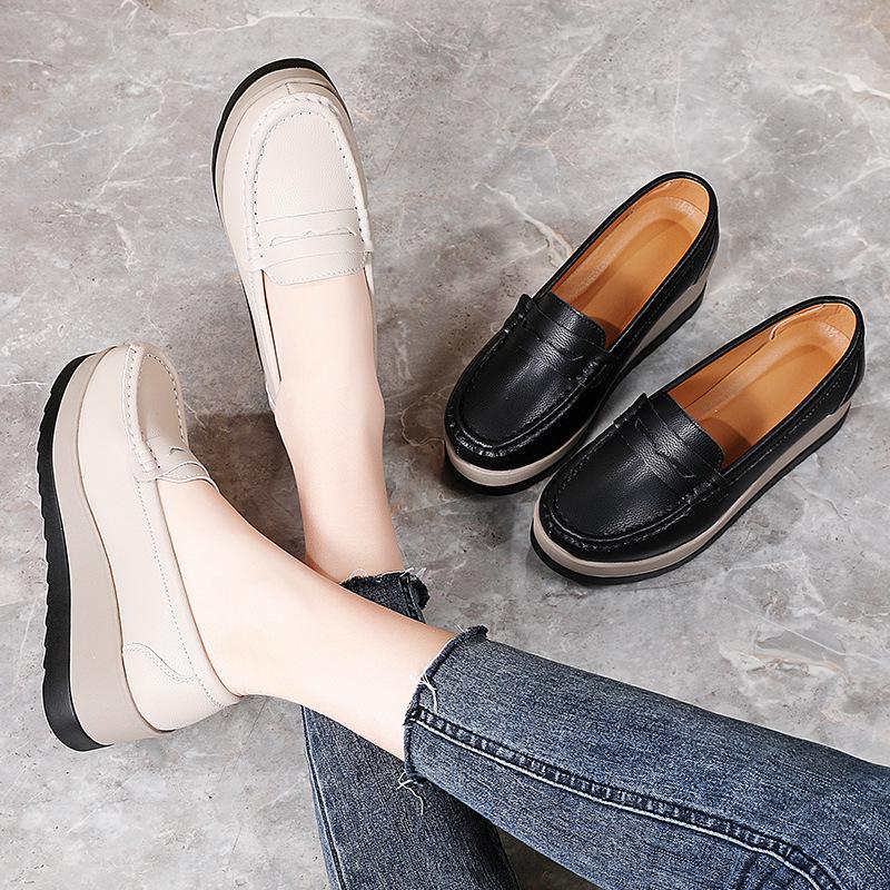 Women's Plus Size Genuine Leather Slip-On Platform Shoes - Thick Sole, Height Increasing, Spring & Autumn Fashion for Work.